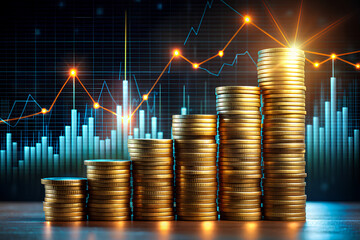 Financial investment concept, Stack of coins for finance investor with trading graph growth