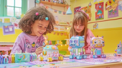 Naklejka premium Two girls playing with colorful robot toys in bright classroom with decorations