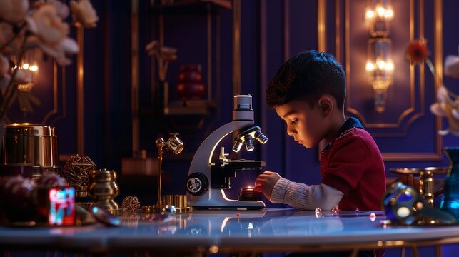 Boy using microscope in luxurious home lab setting with decorative elements