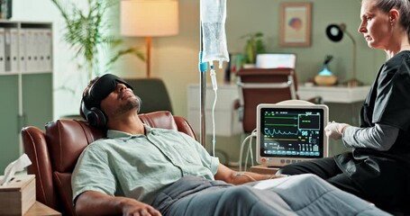 Psychedelic therapy, medicine and man with headphones for examination, ok sign or sensory deprivation. Patient, iv drip and medical nurse with injection for ketamine, treatment or mental health study