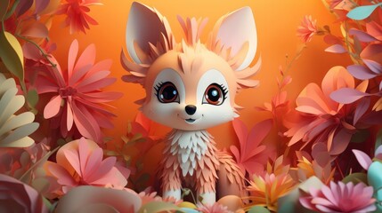 a captivating 3d portrayal of adorable anime animals in an adorable pose, surrounded by a colorful array of flowers including pink, orange, and white blooms, with a black eye adding a