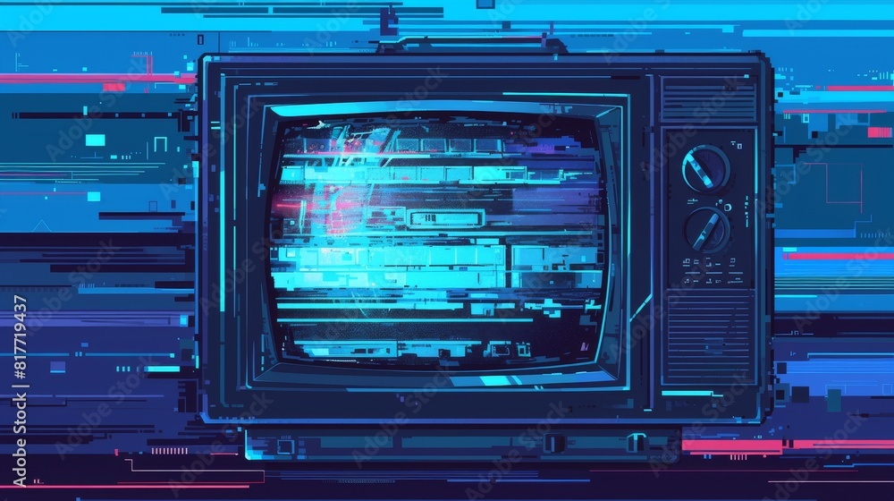 Poster video game effect tv screen with pixel texture background. vhs digital pattern with retro television