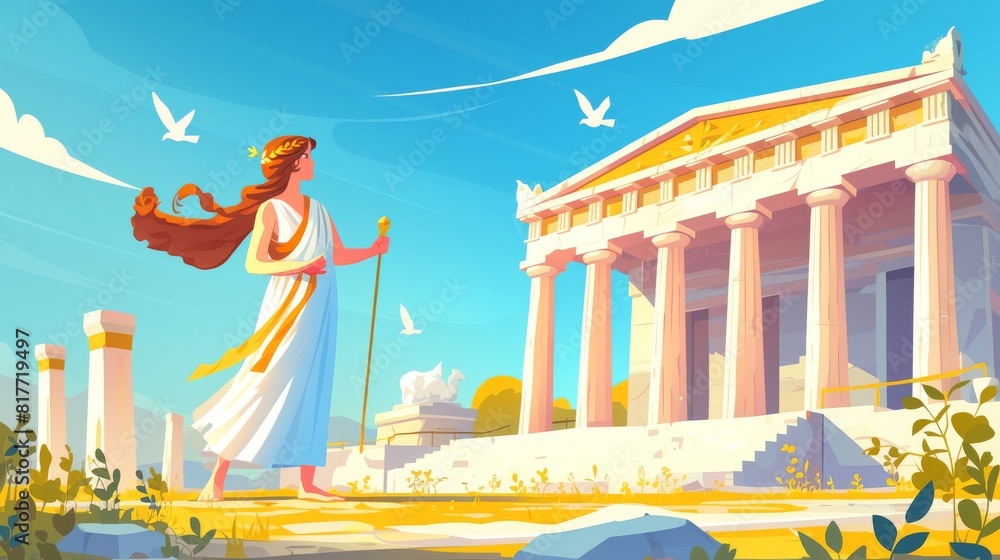 Wall mural a drawing of an ancient greek temple with goddess, a roman monument and a beautiful female god. an i