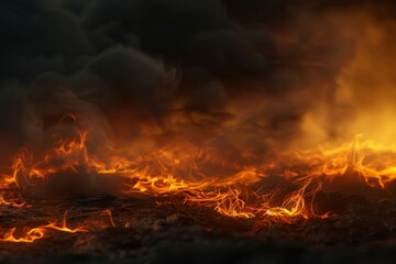 A fiery ocean with a volcano in the background