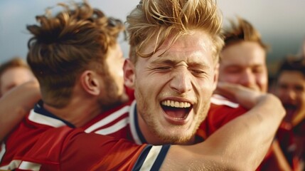 Emotional victory moment in a football championship, captured with fans celebrating in the background as athletes and coach share a triumphant embrace