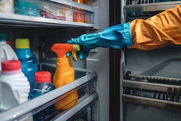 A person in a yellow jacket cleaning a fridge with a spray bottle