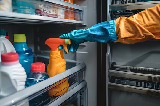 A person in a yellow jacket cleaning a fridge with a spray bottle