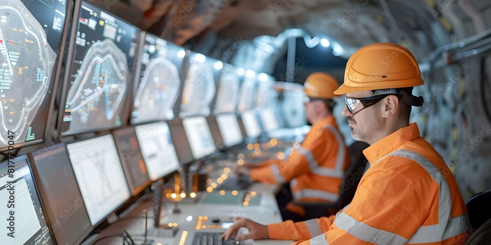 Aufkleber engineers in mining control room overseeing operations. concept mining control room, engineers, oper