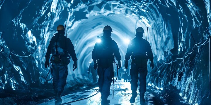 Group of miners walking in coal mine tunnel. Concept Mining Industry, Coal Miners, Work Environment, Industrial Setting, Underground Work