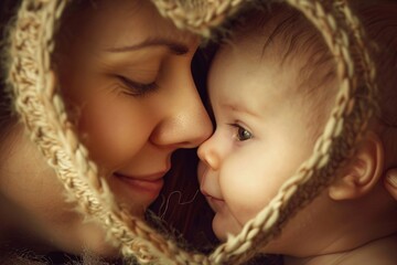 Obraz premium A mother and her baby are pictured within a heart-shaped frame, creating a touching and memorable display of love and connection