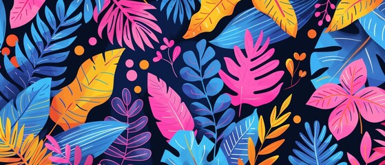 Vibrant textile print featuring doodleinspired jungle foliage, minimalist forms, and graphic ornaments in a seamless colourful pattern 8K , high-resolution, ultra HD,up32K HD