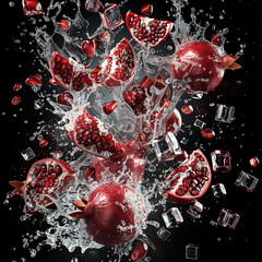 Scattered explosive juicy pomegranate  in water with ice cube , 3D fruit abstract, beautiful 3D fractal backgrounds