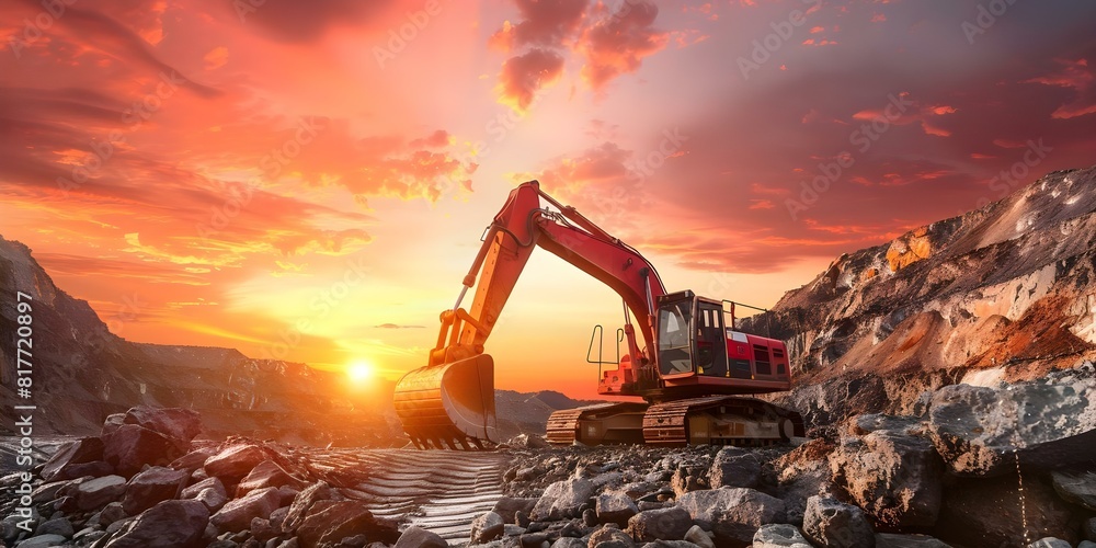 Poster excavator extracting ore in open pit mine at sunset with heavy machinery in quarry. concept mining e