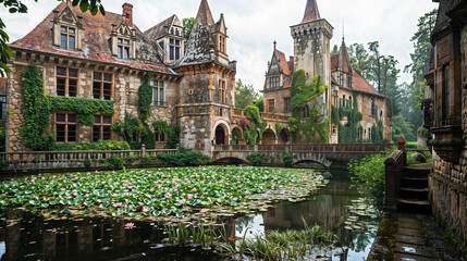 Fototapeta premium A medieval castle with a moat garden filled with water lilies and a drawbridge leading to a lush inner courtyard