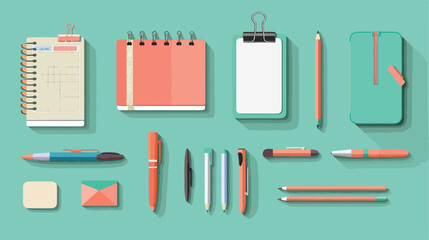 Set of different stationery on green background Vector