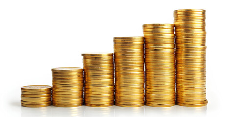 Golden coin stack growth up isolated on white background with clipping path. money saving, financial grow