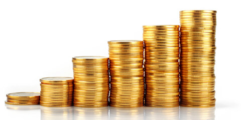 Golden coin stack growth up isolated on white background with clipping path