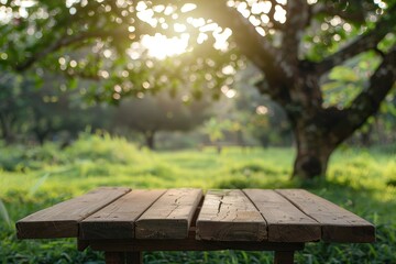 Naklejka premium Wooden podium showcasing agricultural products in nature setting with morning sunlight
