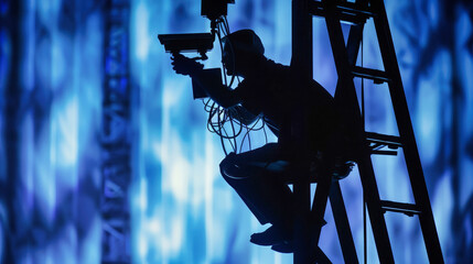 A mysterious silhouette of a man climbing a ladder while a CCTV camera captures his every move