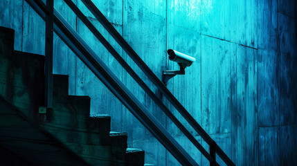 A security camera perched on a stairway, overlooking the nighttime scene with a watchful eye