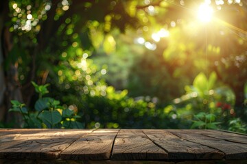 Wooden table with blurred garden background for product display template