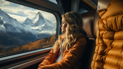 Young Woman Enjoying Scenic Train Journey Through Snow-Capped Mountains