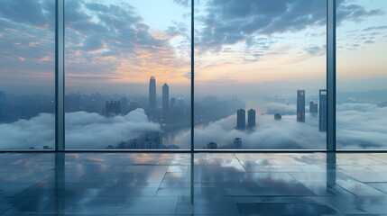 City skyline seen through window with clouds