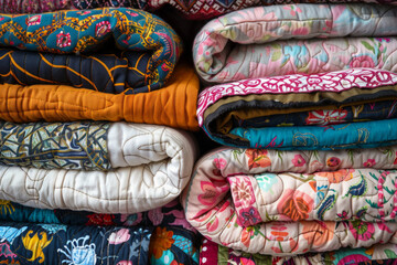 A stack of colorful quilts, with different fabric patterns and textures.