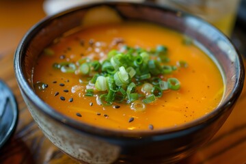 Yellow tomato soup with green onion topping in a small bowl
