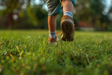 Young boy in soccer cleats running on grass field Close up of football shoes