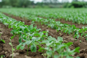 Young peanut plants in focus on plantation field