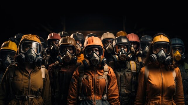 Group of People Wearing Gas Masks Standing Together in Dark Environment