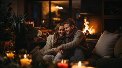 Cozy Couple Enjoying Warmth by the Fireplace in a Relaxing Setting