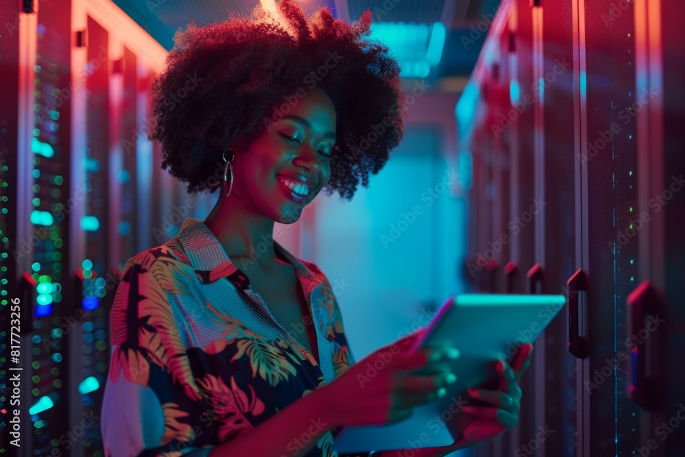 Poster it, programming, and black woman checking server with tablet. technology, code, and female programme
