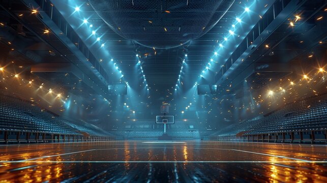 Modern graphic design of a basketball arena during a key league game, showcasing the court, net, and players in a palette of team colours 8K , high-resolution, ultra HD,up32K HD