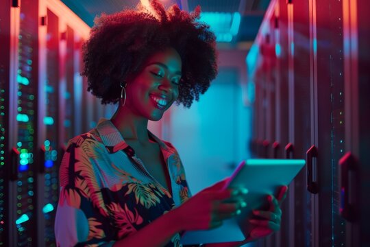 IT, programming, and black woman checking server with tablet. Technology, code, and female programmer testing motherboard, cybersecurity, and internet network analytics