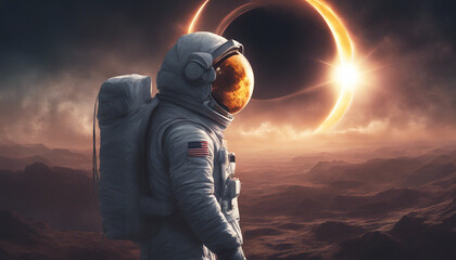 Fototapeta premium Anonymous astronaut watching a solar eclipse.