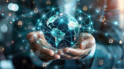 World and business man with touchscreen for future earth, planet, and network connection for ar