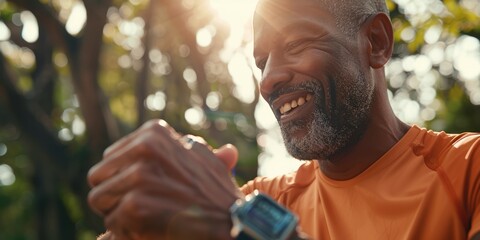 Happy runner man, smart watch, park for check, smile, or reading time, results, or fitness in nature. Individual, iot clock, and monitor for speed, heart rate, and grin for exercise