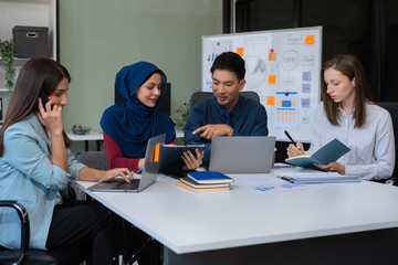 Group of  business team creative businesspeople coworker in office. Meeting Presentation for analysis graph company financial. People Work in Business Office.