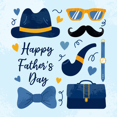 Card with text and dad's accessories on blue background in flat style. Happy Father's Day concept. Hand drawn textured hat, clock, mustache, bow tie, briefcase, smoking pipe and doodle shapes