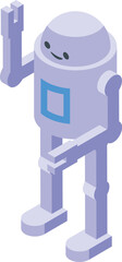 Cute 3d isometric illustration of a friendly robot with a waving hand, isolated on white
