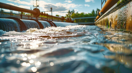 Crystal-clear water flows gracefully through a pipe in a water treatment plant, a vital process for ensuring clean and safe water supply