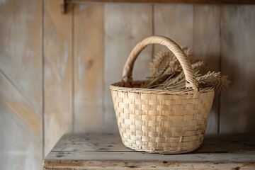 A basket placed on a wooden shelf