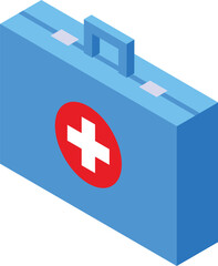 Vibrant isometric illustration of a blue first aid kit with a red cross symbol