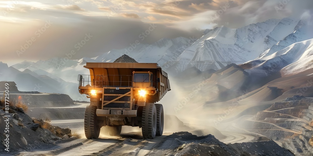 Poster mining truck transporting minerals through terraced paths in a deep pit mine. concept mining industr
