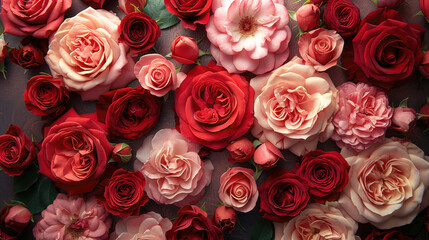 Blooming red and pink roses, forming a beautiful natural floral background 