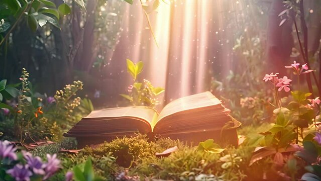 Enchanted forest storybook under magical sunlight
