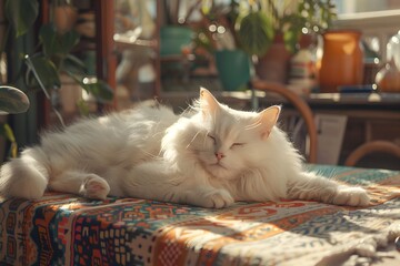 A white cat lying on a table with a plant in the background - Powered by Adobe