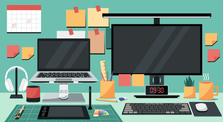 Professional Workspace at Home with Desktop, Laptop, Graphic Tablet, Cutting Mat and Office Supplies, Showcasing a Creative and Organized Work Environment, Vector Flat Illustration Design